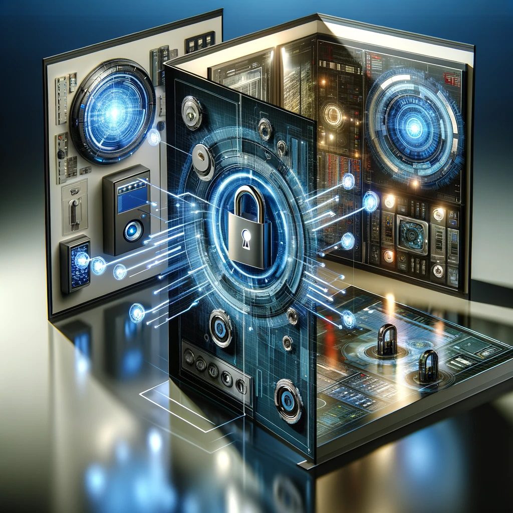 Image of a modern, high-tech security concept, representing cutting-edge technology in security services. Visuals can include digital locks, advanced Image of a modern, high-tech security concept, representing cutting-edge technology in security services. Visuals can include digital locks, advanced